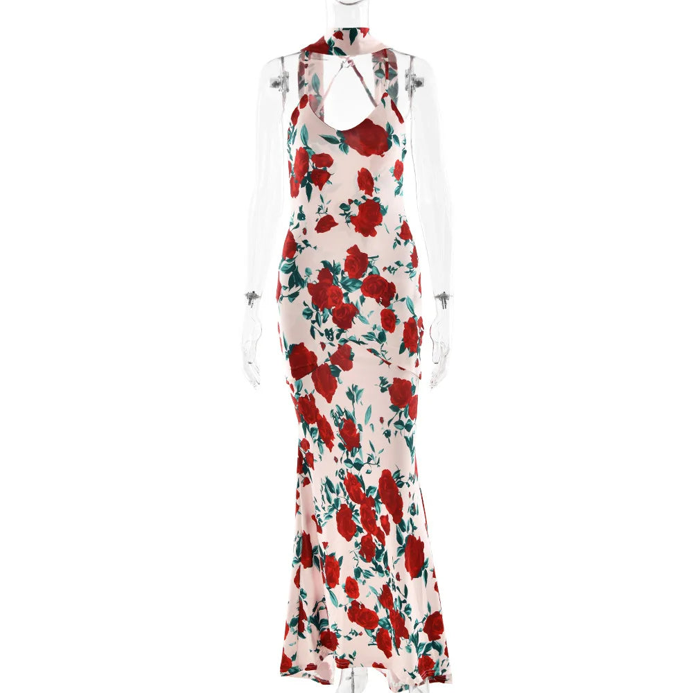 Women's Floral Print V Neck Scarf Draped Maxi Summer Backless Outfit Party Dress