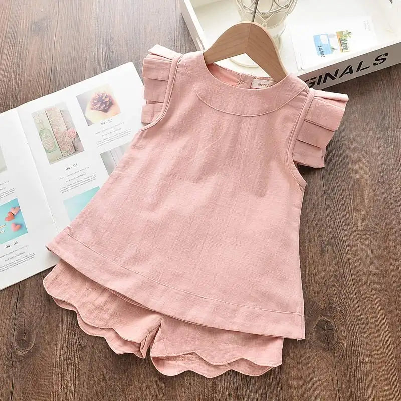 Girls Summer Feather Outfit Set - Sleeveless Top & Bandage Shorts