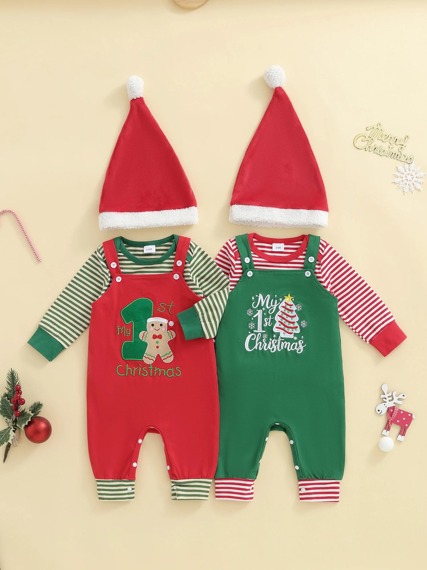 Newborn Baby Boys Fall Winter Christmas Clothes Set - Stripe Long Sleeve Romper, Embroidery Overall Pants & Hat