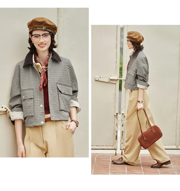 Women's Cropped Plaid Jacket - Turn Collar Loose Fit Autumn Fashion Coat