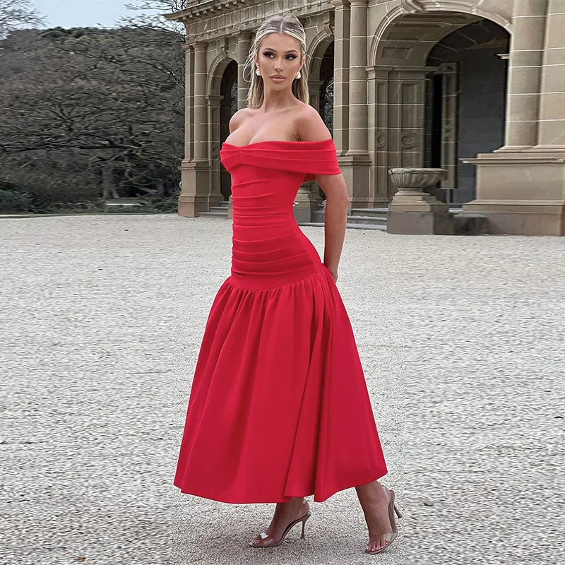 Women's Ruched One-Shoulder Party Long Sleeveless High Waist A-Line Dress