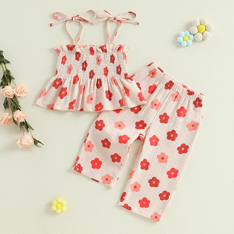 0-4Y Kids Girls Clothes Set Flower Print Sleeveless Lace Up Pleated Camisole with Trousers 2pcs Set