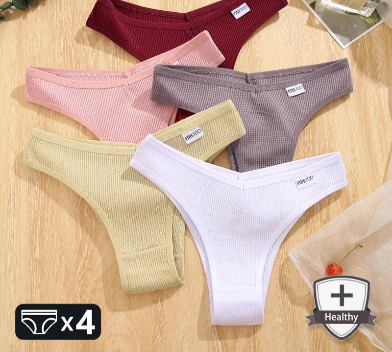 Women's 4Pcs Cotton Breathable Underwear Panties Low-Waist Waffle G-string Stretch Briefs Soft Lingerie