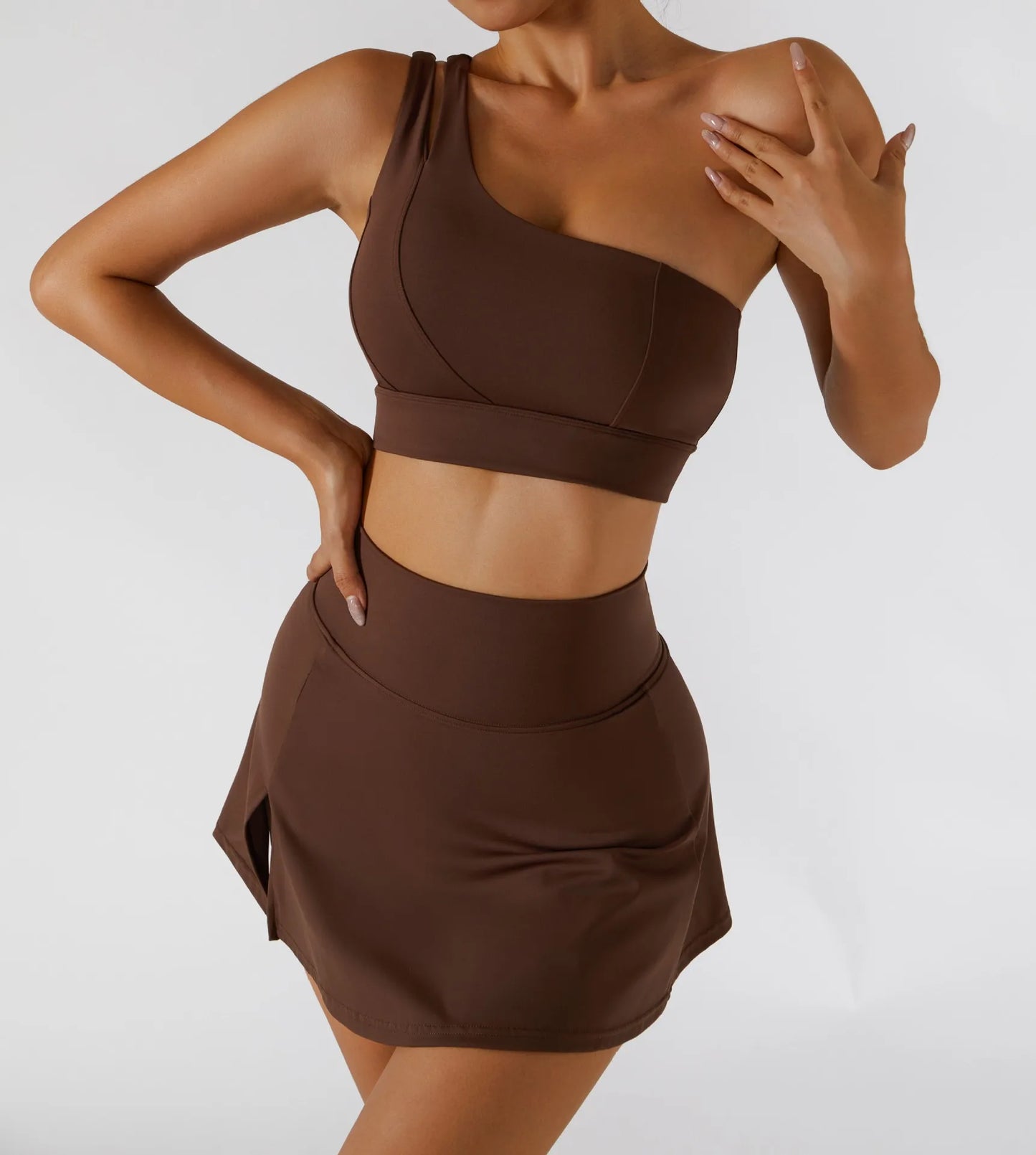 Women’s 2pc Sports Skirt Suit Outdoor Leisure Single Shoulder Bra Suit Quick Drying Tennis Set Yoga workout Skirt Set