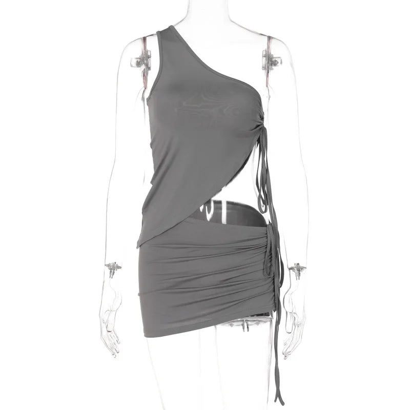 Women's Drawstring Ruched Top and Skirt 2 Piece Set Outfits Matching Club Party Co-ord Set