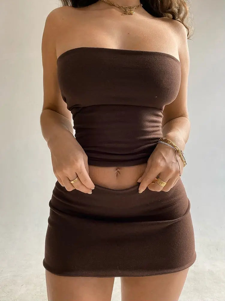 Women's Strapless Solid Crop Top and Skirt 2 Piece Set Outfit Co-Ord Sets Matching Set