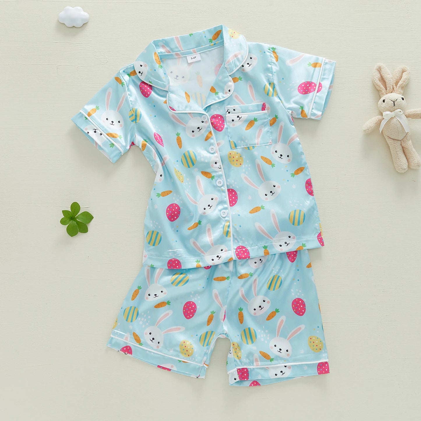 1-7Y Kids Girls Easter Pyjamas Clothes Set Rabbit Carrot Print Button Down V Neck Short Sleeve Tops and Shorts