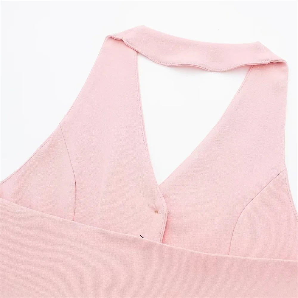 Women's Solid Colour Backless Hanging Neck Collar Vest Long Trousers Set