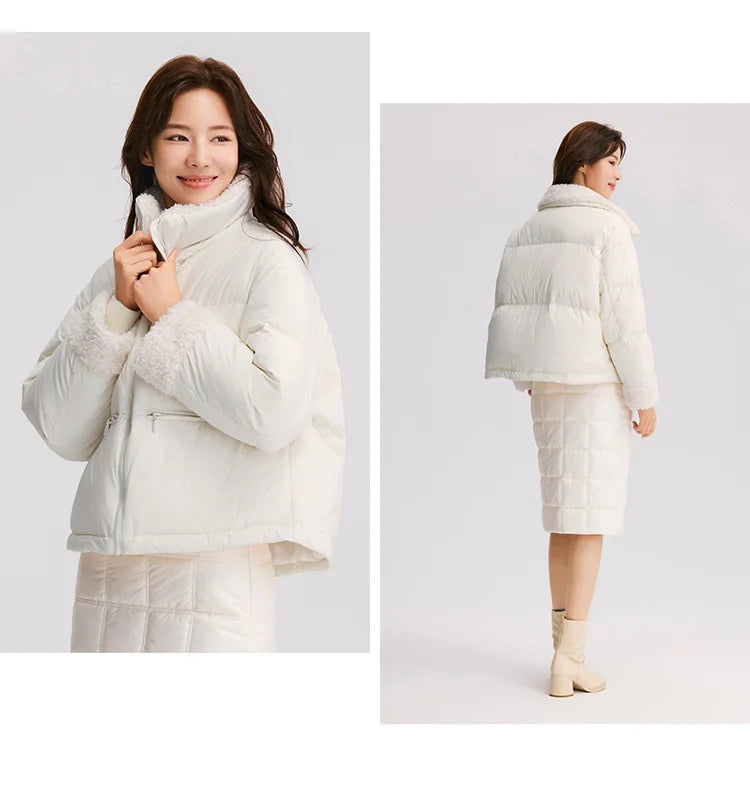 Down Jacket Women Loose Solid Color Winter Patchwork Imitation Lamb Wool Stand-Up Collar Textured