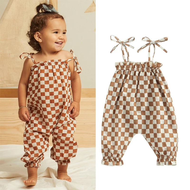 Summer Baby Girls Sweet Romper Clothing 0-24M Strap Sleeveless Lace Up Plaid Printed Jumpsuit
