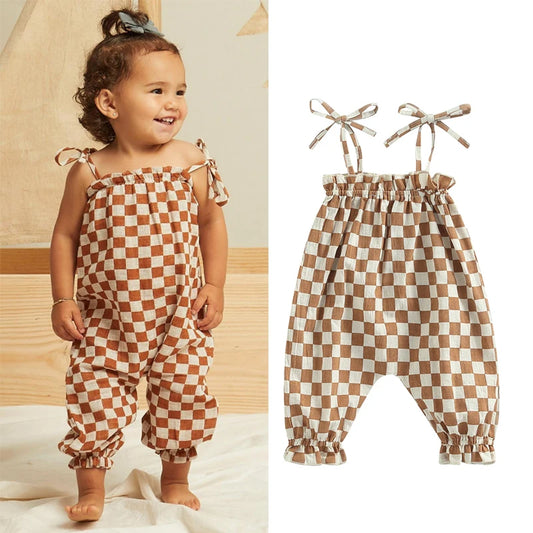 Summer Baby Girls Sweet Romper Clothing 0-24M Strap Sleeveless Lace Up Plaid Printed Jumpsuit