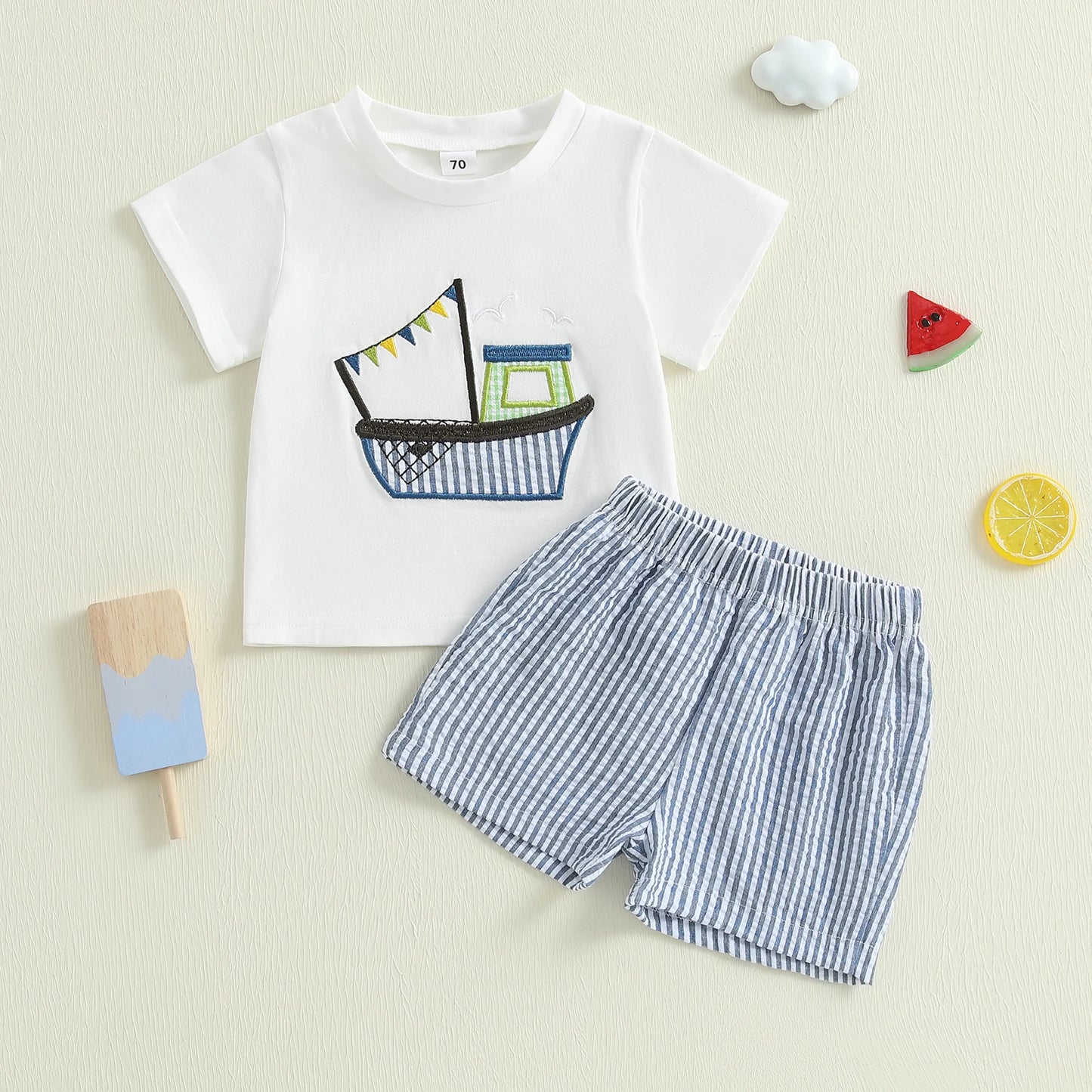 0-3Y Casual Kids Boys Clothes Sets Boat Embroidery Short Sleeve T-shirt Striped Elastic Waist Shorts