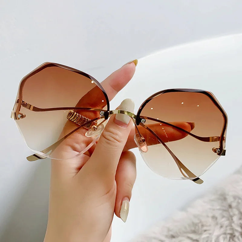Large Frame Gradient Sunglasses - Frameless Metal Polygonal UV400 for Women