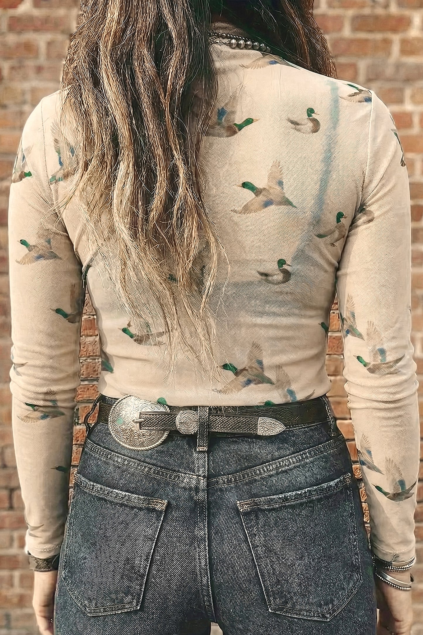 Beige Western Print Mesh High Neck Long Sleeve Top