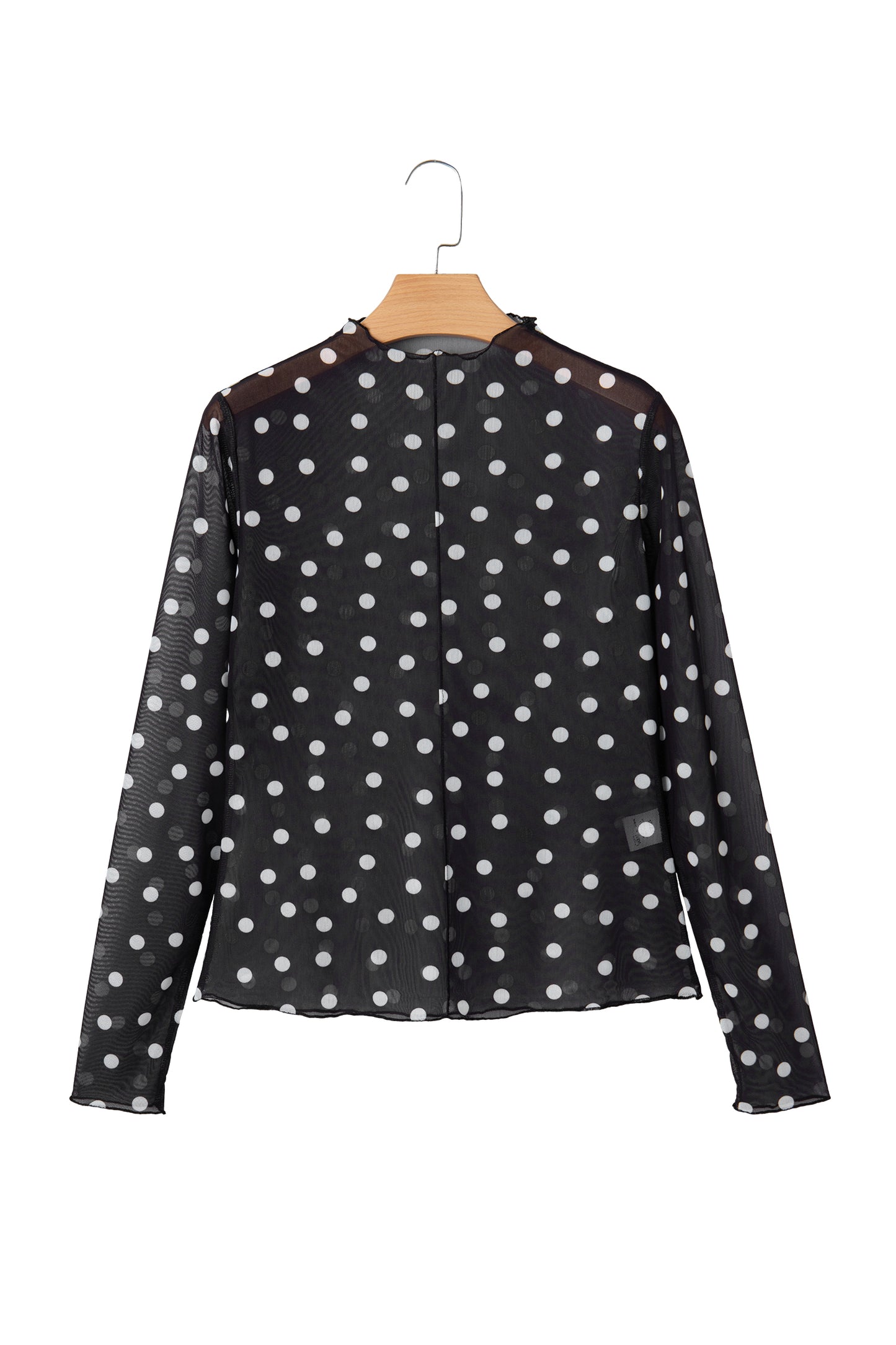 Polka Dot Patterned Bodycon Mock Neck Mesh Long Sleeve Top