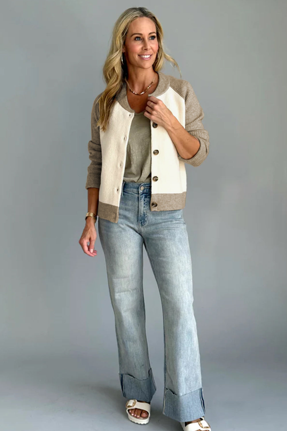 Color Block Ribbed Knit Button Down Sweater Cardigan