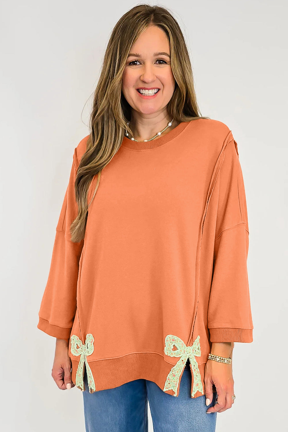 Floral Bow Patched Exposed Seam Patchwork Slit Baggy Sweatshirt