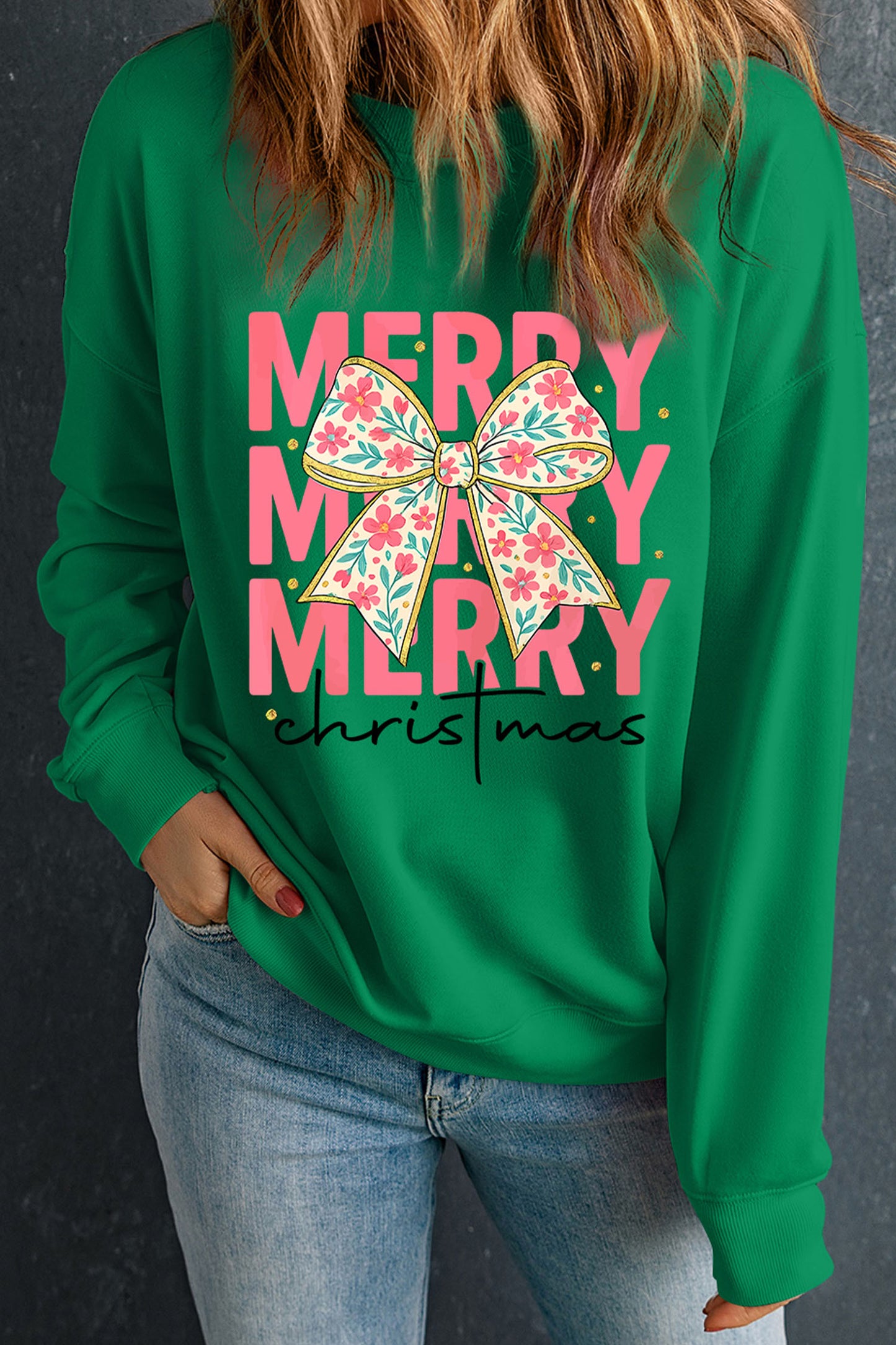 Dark Green Merry Christmas Floral Bow Graphic Drop Shoulder Sweatshirt