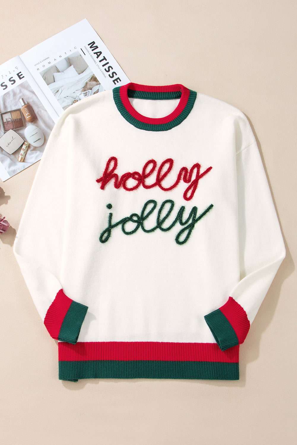 White Tinsel Holly Jolly Pattern Colorblock Drop Shoulder Sweater - Plus Size