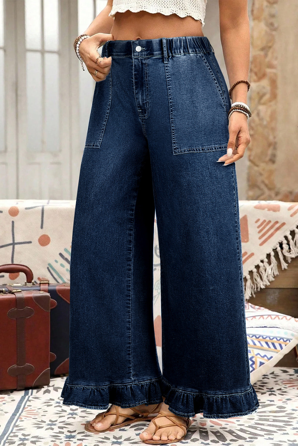 Plus Size Elastic Waist Ruffled Wide Leg Denim Pants