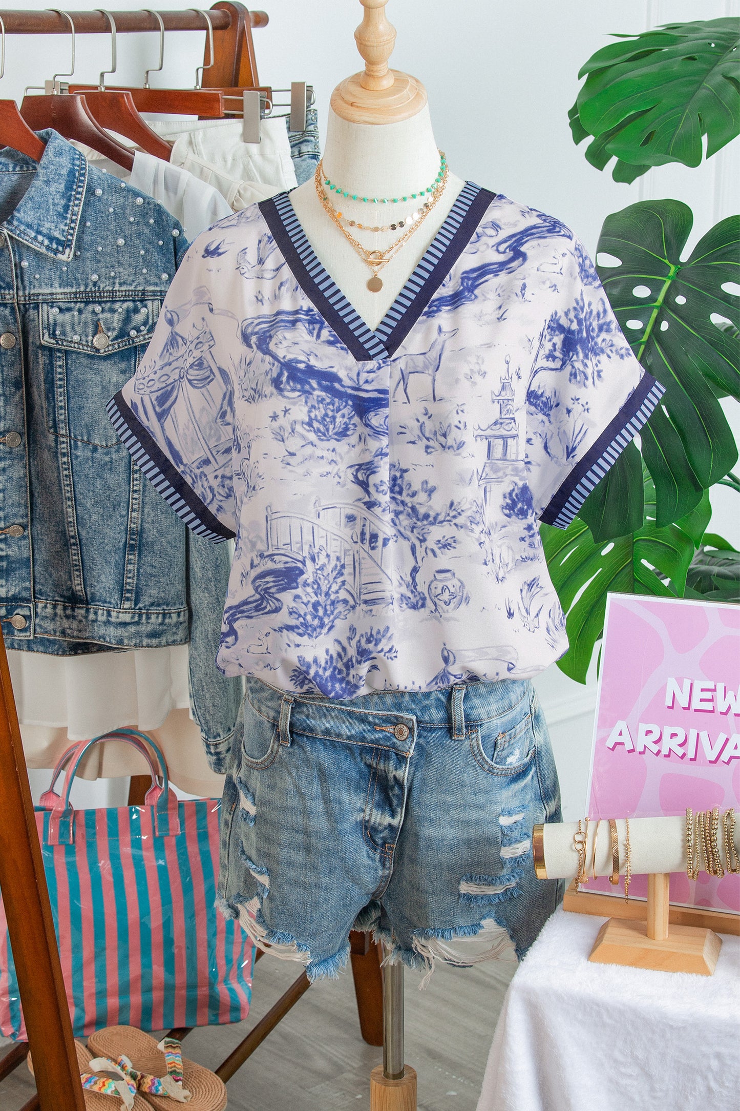 Blue Animal Print Striped Trim V-Neck Blouse