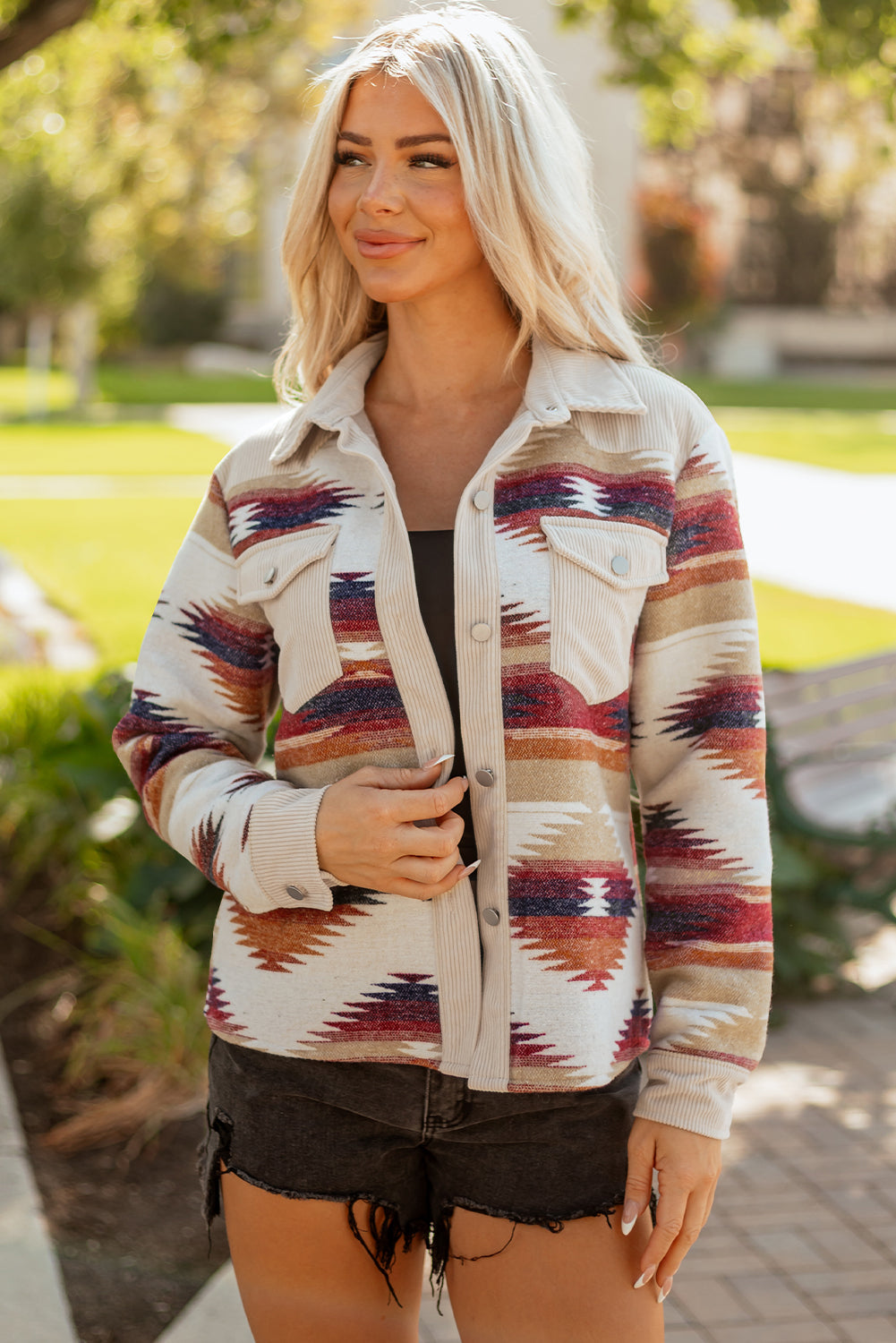 Multicolour Western Aztec Ribbed Patchwork Shacket