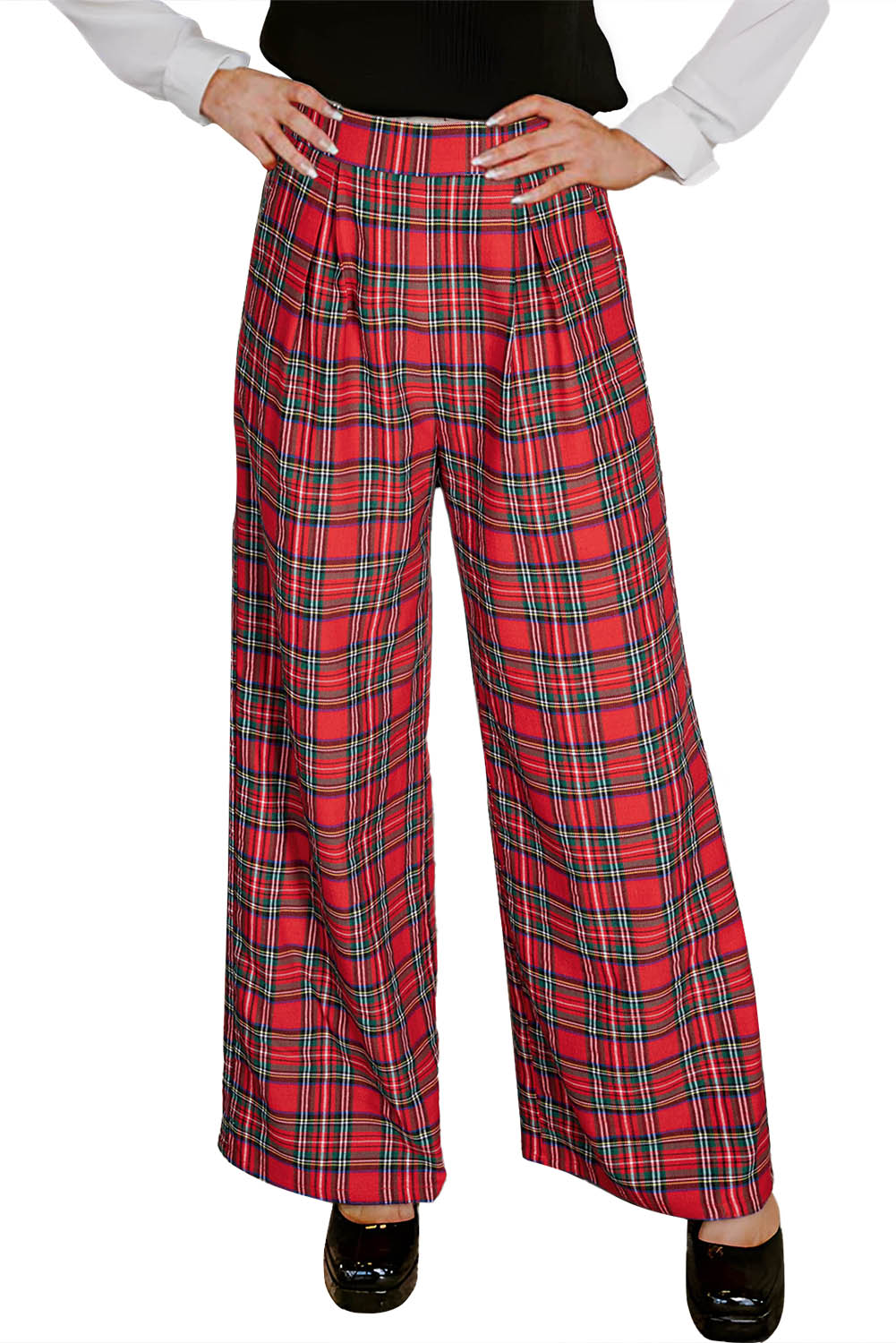 Red Christmas Plaid Wide Leg Pull-On Pants