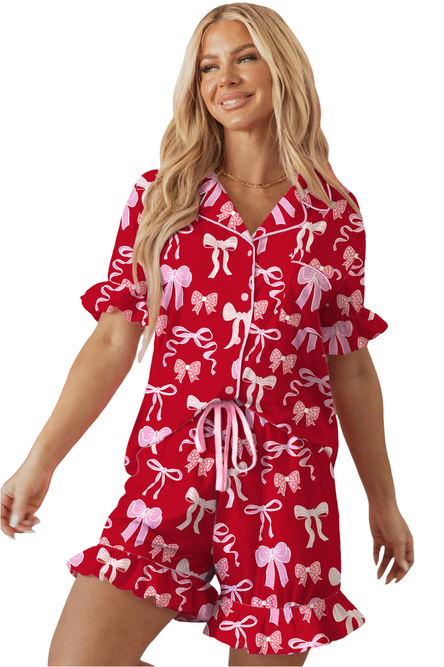 Red Sweet Bow Print Ruffled Short Sleeve Pajama Set