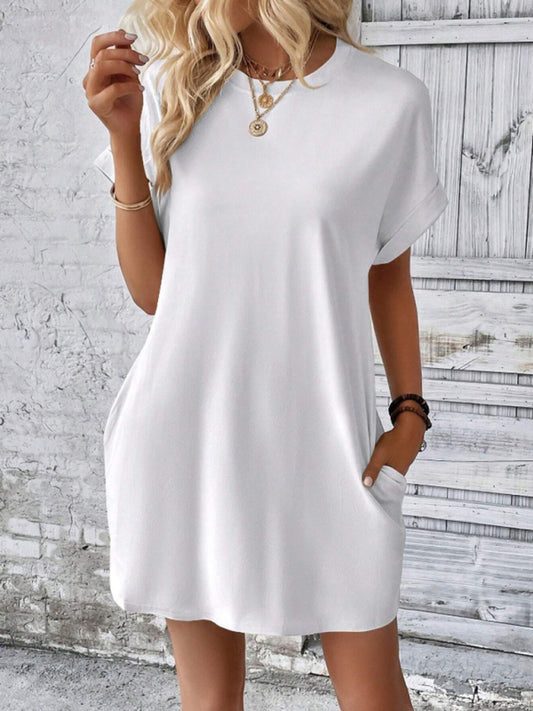 Women's Spring and Summer Solid colour Round Neck loose short sleeve pocket Dress