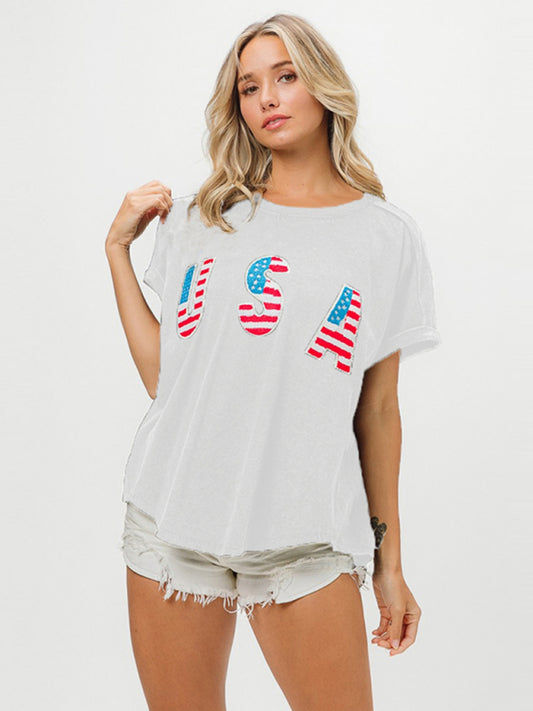 Women's USA Letters Print Short Sleeve T-Shirt Top