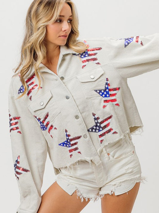 Women's Sequin Jacket USA Star Flag Sequined Corduroy Top