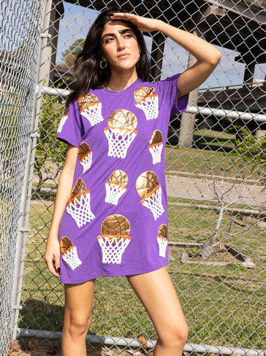 Women's Basketball Sequined Pullover Short-sleeved multi-colour T-shirt Dress