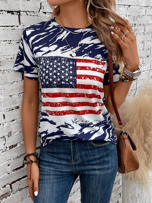 Women's American Flag Printed Round Neck Casual Short Sleeve T-Shirt