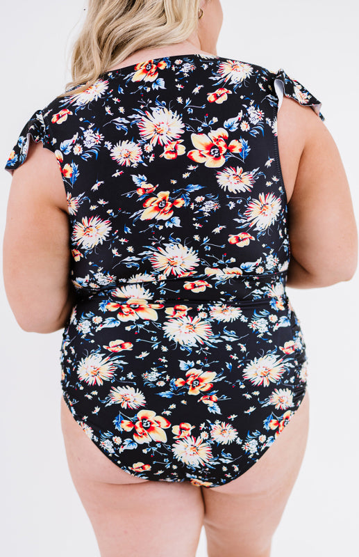 Women's Plus Size Flutter Cap Sleeve Floral High Waist Bikini