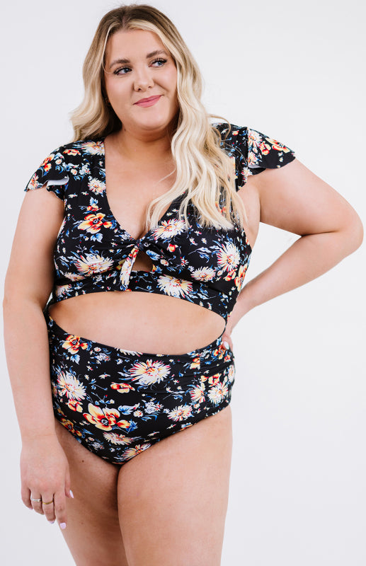 Women's Plus Size Flutter Cap Sleeve Floral High Waist Bikini