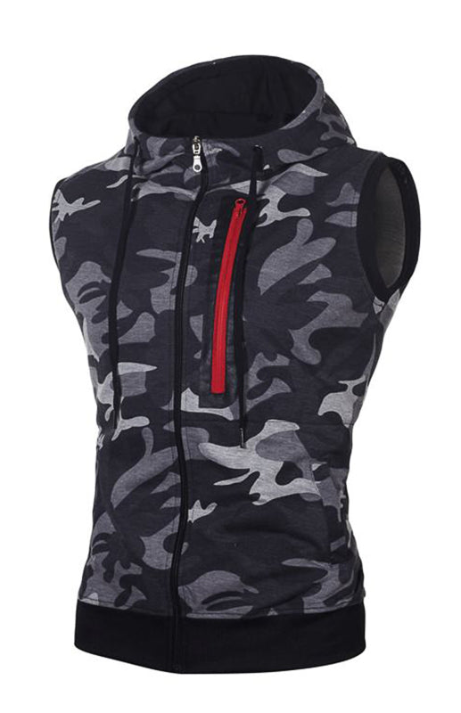 Men's Camo Round Hem Slim Fit Sleeveless Hooded Vest