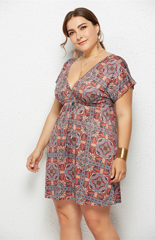 Women's Plus Size Deep V Print Dress