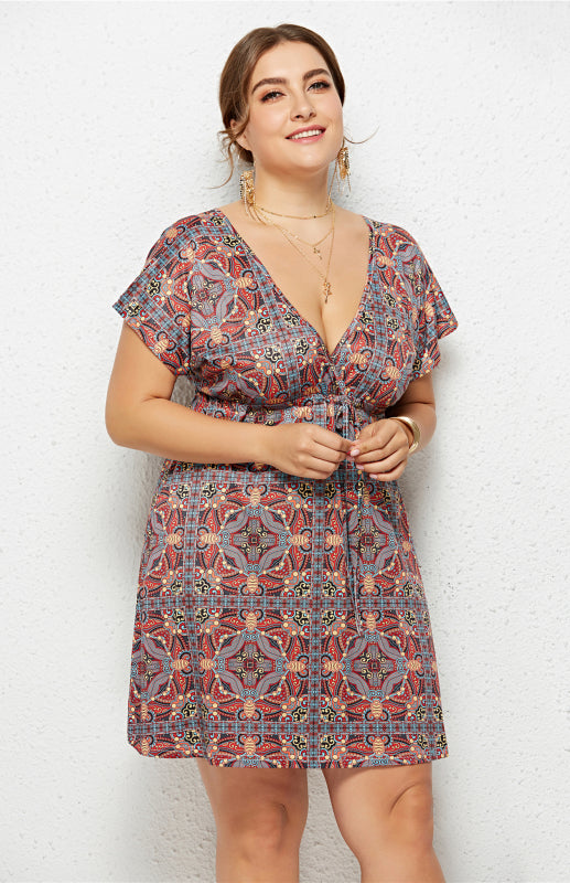 Women's Plus Size Deep V Print Dress
