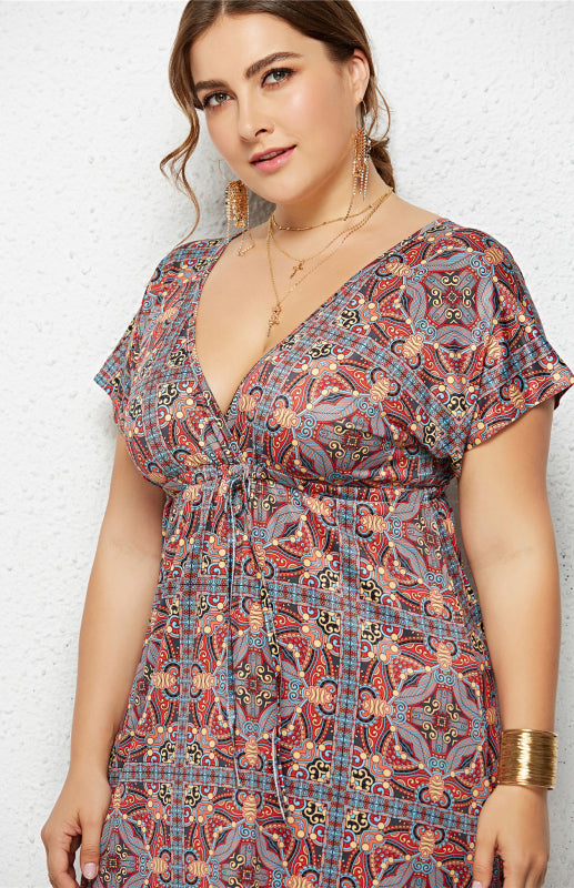 Women's Plus Size Deep V Print Dress
