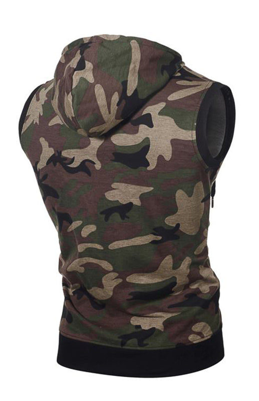 Men's Camo Round Hem Slim Fit Sleeveless Hooded Vest