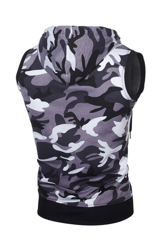 Men's Camo Round Hem Slim Fit Sleeveless Hooded Vest