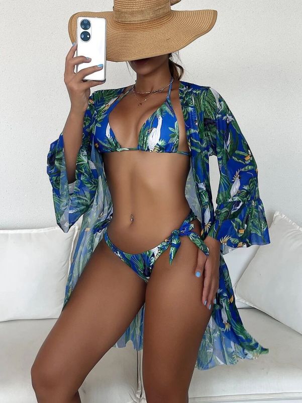 Women's 3-Piece Tropical Print Triangle Bikini Top, Matching Tie Bikini Bottom, And A Matching Cover-Up