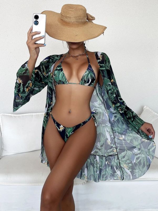 Women's 3-Piece Tropical Print Triangle Bikini Top, Matching Tie Bikini Bottom, And A Matching Cover-Up