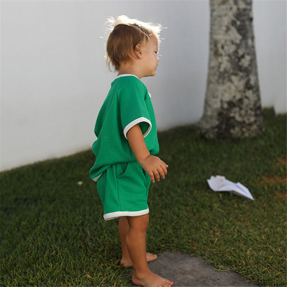 Baby's Ribbed Short Sleeve T-shirts and Shorts 2Pcs Outfits Set