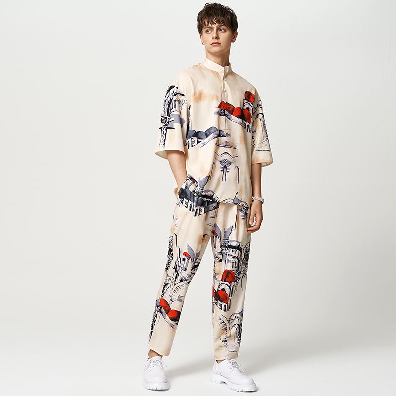 Men's Loose Stand Collar Half Sleeve Shirt and Elastic Waist Pants 2Pcs Causal Suit S-5XL