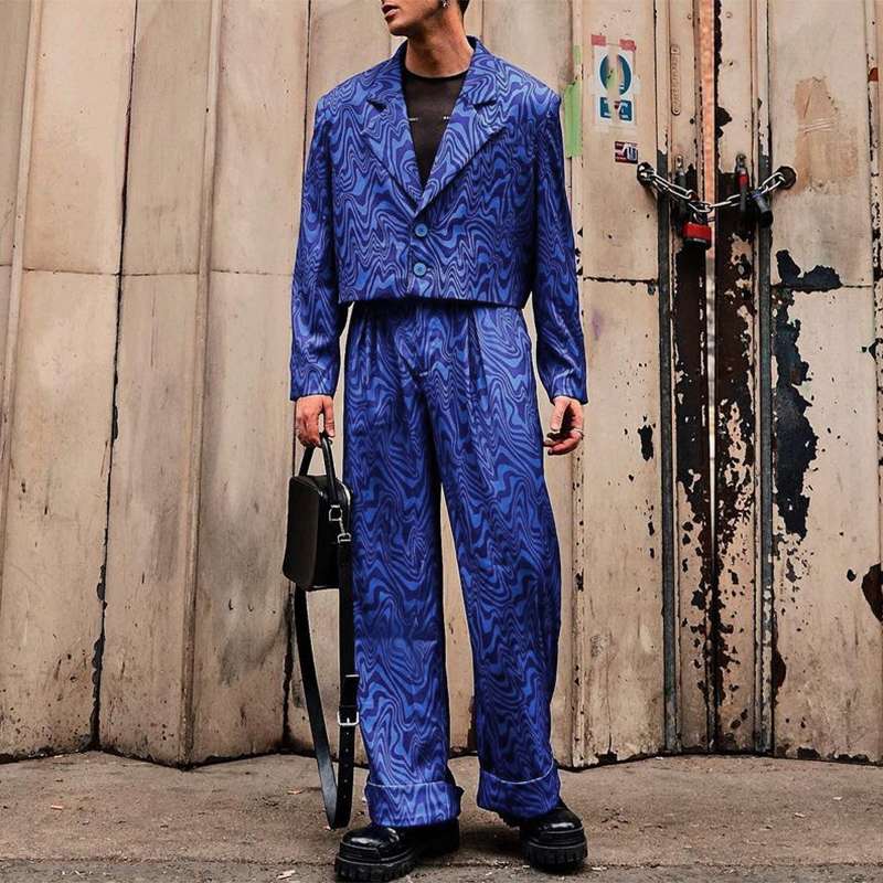 Men's Loose Lapel Long Sleeve Crop Blazer & Pants 2PCS Suits S-5XL