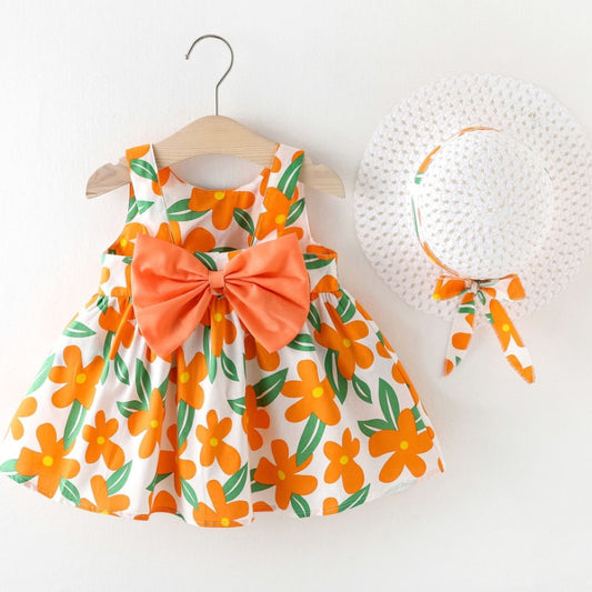 Girl's 2pcs Bow Floral Dress with Hat