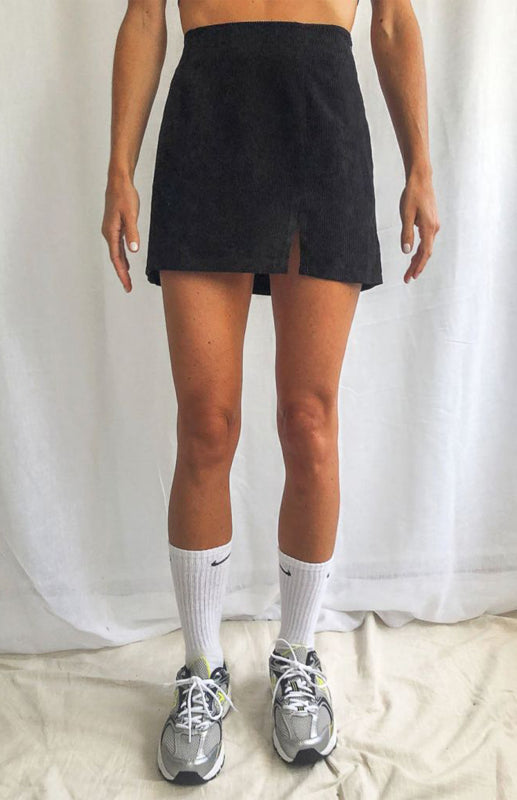 High Waist Corduroy Skirt Solid Split A-Line Skirt