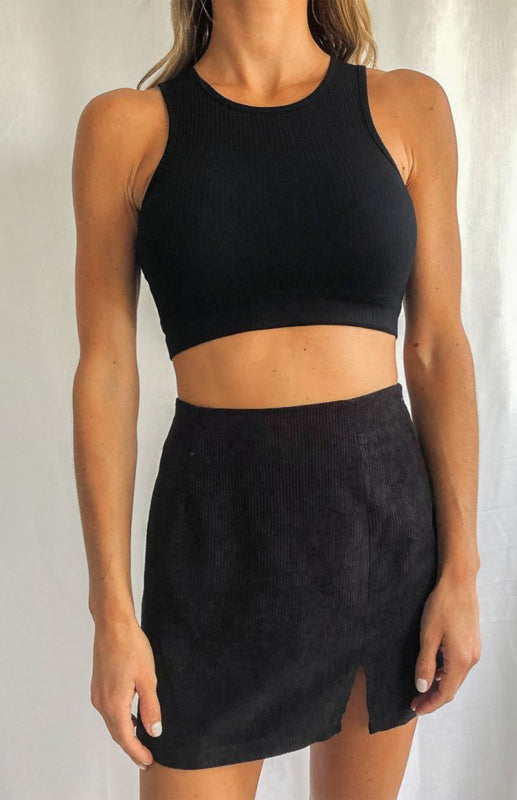 High Waist Corduroy Skirt Solid Split A-Line Skirt