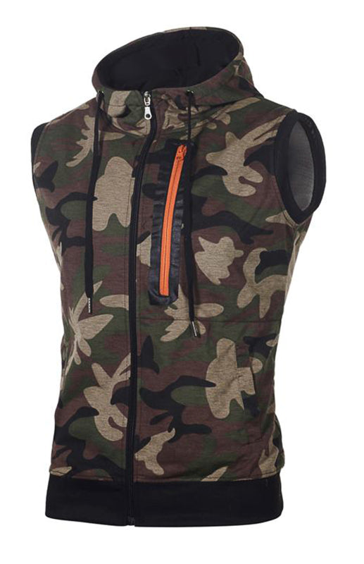 Men's Camo Round Hem Slim Fit Sleeveless Hooded Vest